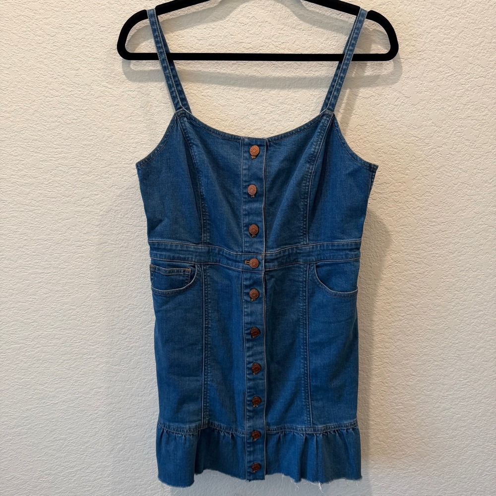 Madewell Denim Button Front Ruffle Hem Mini Dress Medium Wash Blue Size 4
